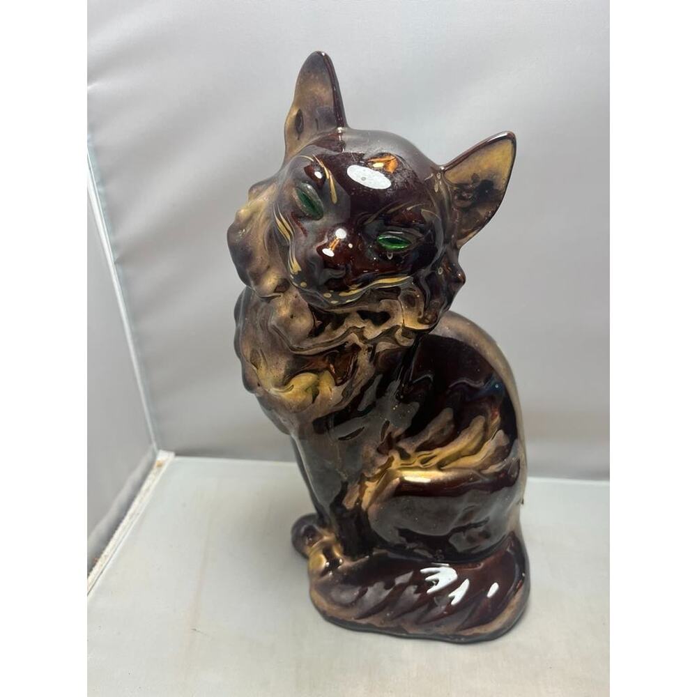Vintage MCM RARE Ceramic Golden Bronze Drip Glaze Cat Japan Green Jewel Eyes